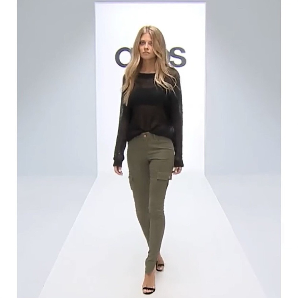 NOISY MAY JEANS SLIM CARGO ARMY GREEN Stretchy Twill Sateen Ankle Zipper Size 28